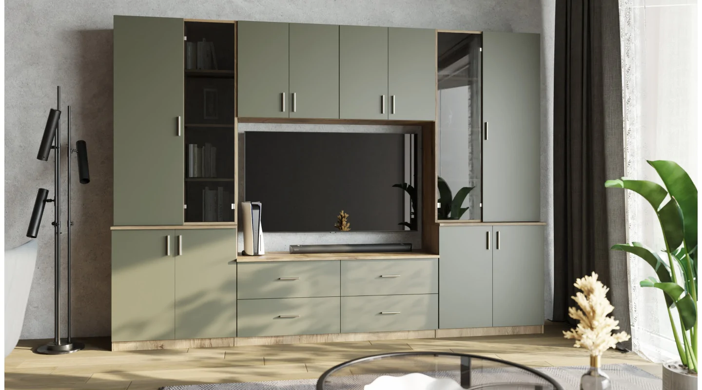 Meblościanka pokojowa z półką na TV, szafkami i szufladami 300×220 cm Dąb Lefkas / Szary Grafit – STILO