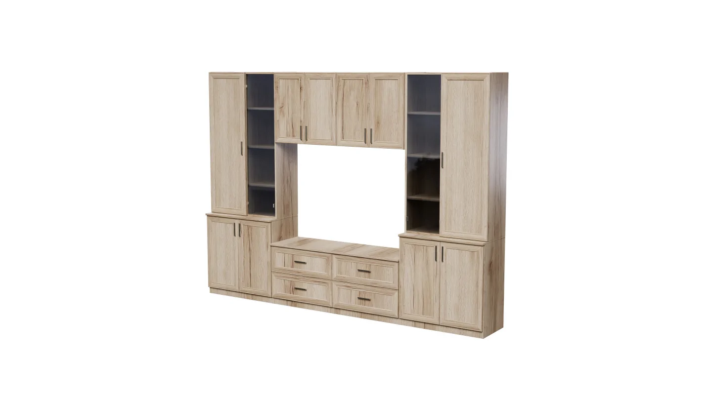Meblościanka pokojowa z półką na TV, szafkami i szufladami 300×220 cm Dąb Grand Naturalny – STILO