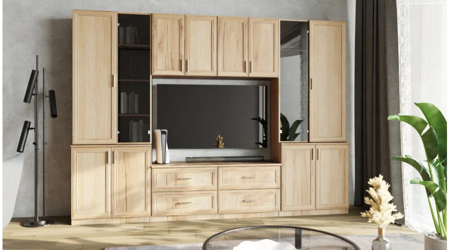 Meblościanka pokojowa z półką na TV, szafkami i szufladami 300×220 cm Dąb Grand Naturalny – STILO
