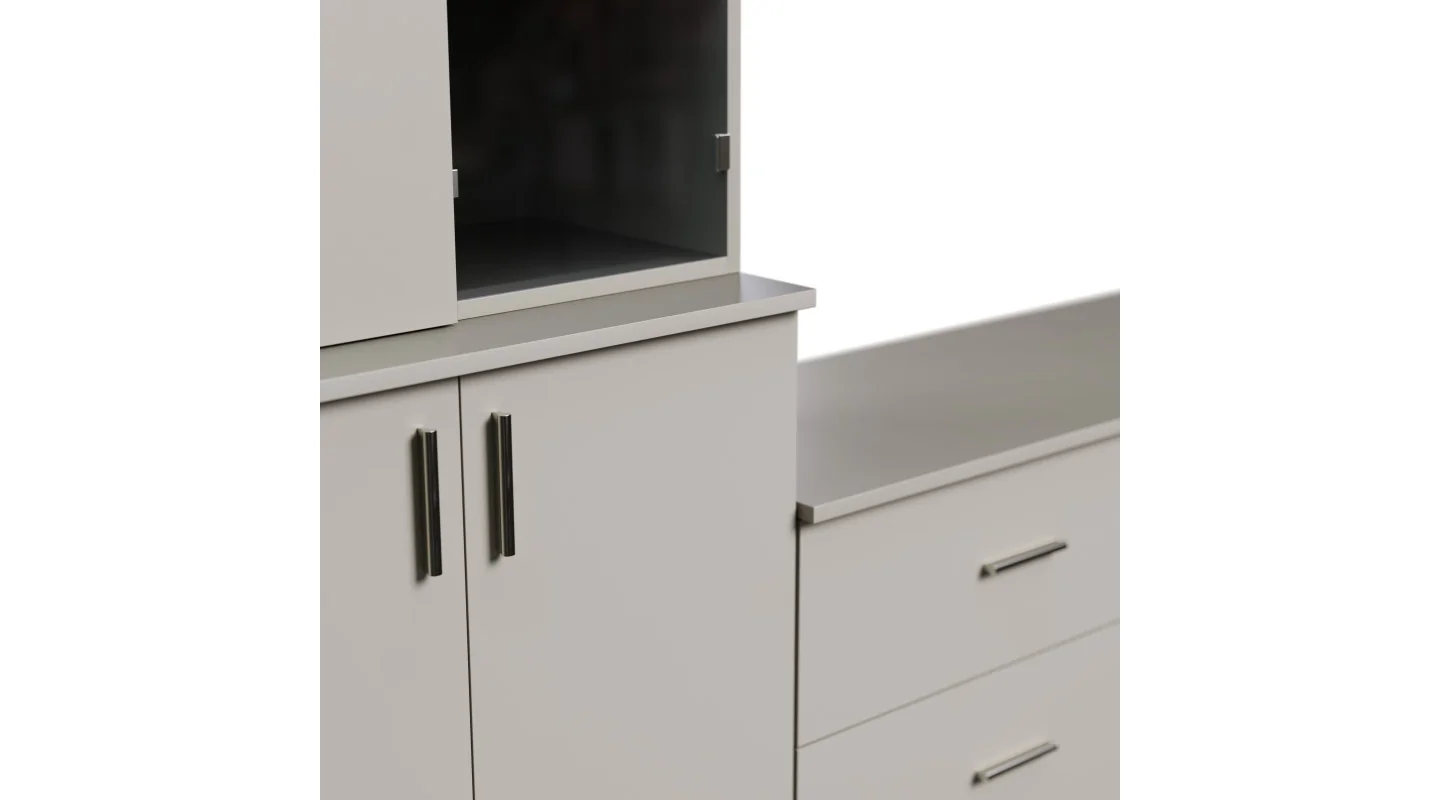 Meblościanka pokojowa z półką na TV, szafkami i szufladami 300×220 cm Kaszmirowy Beż – STILO Meblościanka pokojowa z półką na TV, szafkami i szufladami 300×220 cm Kaszmirowy Beż – STILO