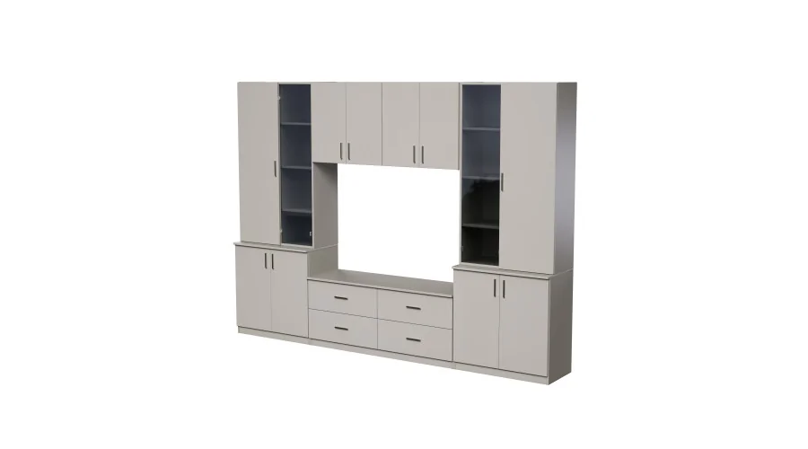 Meblościanka pokojowa z półką na TV, szafkami i szufladami 300×220 cm Kaszmirowy Beż – STILO Meblościanka pokojowa z półką na TV, szafkami i szufladami 300×220 cm Kaszmirowy Beż – STILO