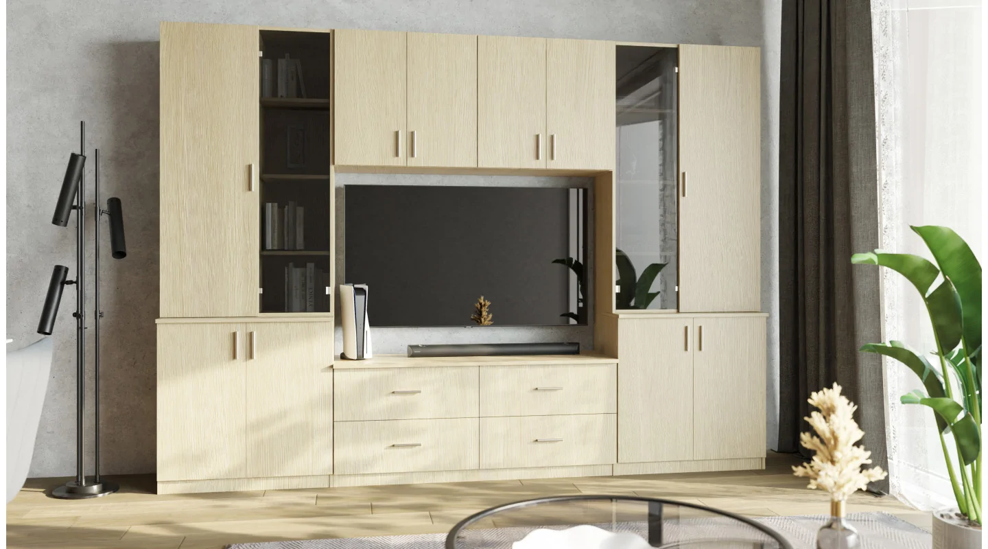Meblościanka pokojowa z półką na TV, szafkami i szufladami 300×220 cm Dąb Elegancki – STILO