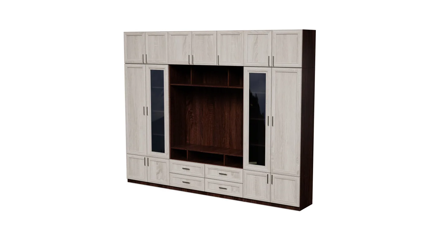 Meblościanka pod telewizor ze szklanymi witrynami 303×240 cm Sonoma Ciemna / Sonoma Jasna – VERO