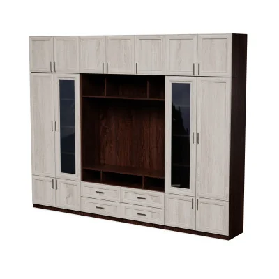 Meblościanka pod telewizor ze szklanymi witrynami 303×240 cm Sonoma Ciemna / Sonoma Jasna – VERO