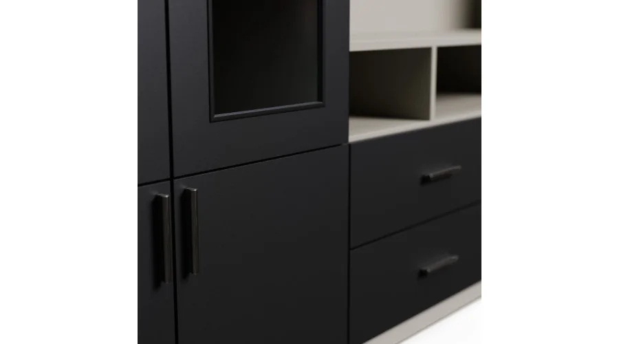 Meblościanka pod telewizor ze szklanymi witrynami 303×240 cm Kaszmirowy Beż / Czarny Onyx – VERO Meblościanka pod telewizor ze szklanymi witrynami 303×240 cm Kaszmirowy Beż / Czarny Onyx – VERO