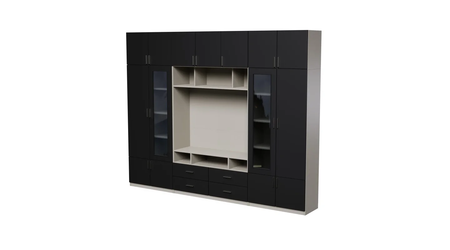 Meblościanka pod telewizor ze szklanymi witrynami 303×240 cm Kaszmirowy Beż / Czarny Onyx – VERO Meblościanka pod telewizor ze szklanymi witrynami 303×240 cm Kaszmirowy Beż / Czarny Onyx – VERO