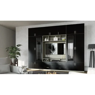 Meblościanka pod telewizor ze szklanymi witrynami 303×240 cm Kaszmirowy Beż / Czarny Onyx – VERO