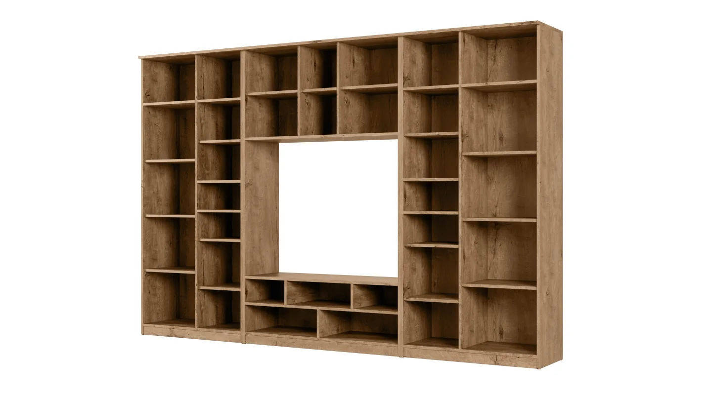 Meblościanka RTV z biblioteczką i szklaną witryną 300×200 cm Dąb Lefkas – Agata Meblościanka RTV z biblioteczką i szklaną witryną 300×200 cm Dąb Lefkas – Agata
