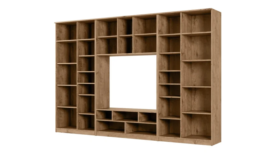 Meblościanka RTV z biblioteczką i szklaną witryną 300×200 cm Dąb Lefkas – Agata Meblościanka RTV z biblioteczką i szklaną witryną 300×200 cm Dąb Lefkas – Agata