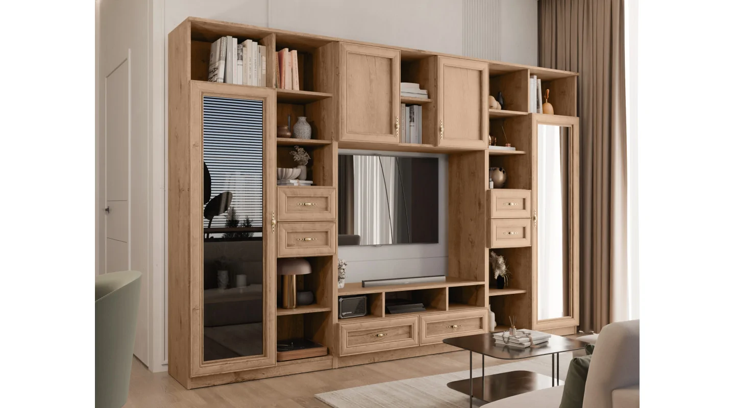Meblościanka RTV z biblioteczką i szklaną witryną 300×200 cm Dąb Lefkas – Agata Meblościanka RTV z biblioteczką i szklaną witryną 300×200 cm Dąb Lefkas – Agata