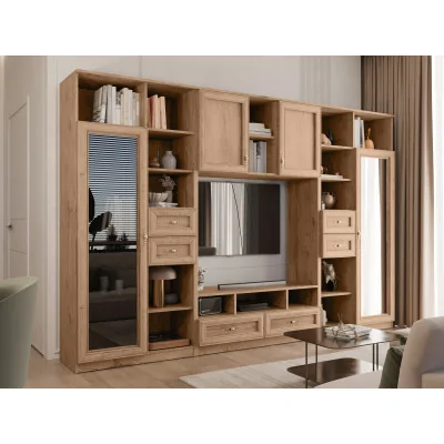 Meblościanka RTV z biblioteczką i szklaną witryną 300×200 cm Dąb Lefkas – Agata