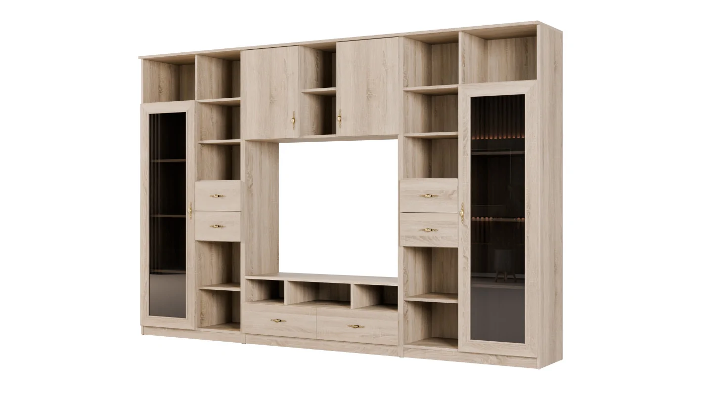Meblościanka RTV z biblioteczką i szklaną witryną 300×200 cm Sonoma Jasna – Agata