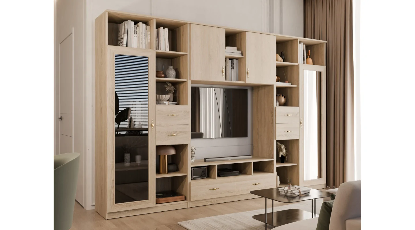 Meblościanka RTV z biblioteczką i szklaną witryną 300×200 cm Sonoma Jasna – Agata