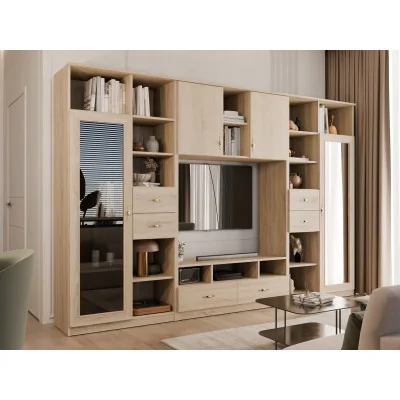 Meblościanka RTV z biblioteczką i szklaną witryną 300×200 cm Sonoma Jasna – Agata
