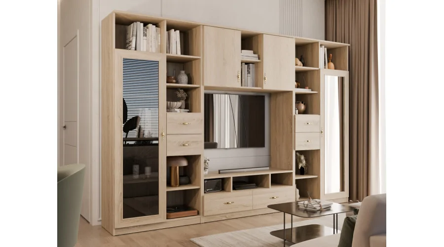 Meblościanka RTV z biblioteczką i szklaną witryną 300×200 cm Sonoma Jasna – Agata