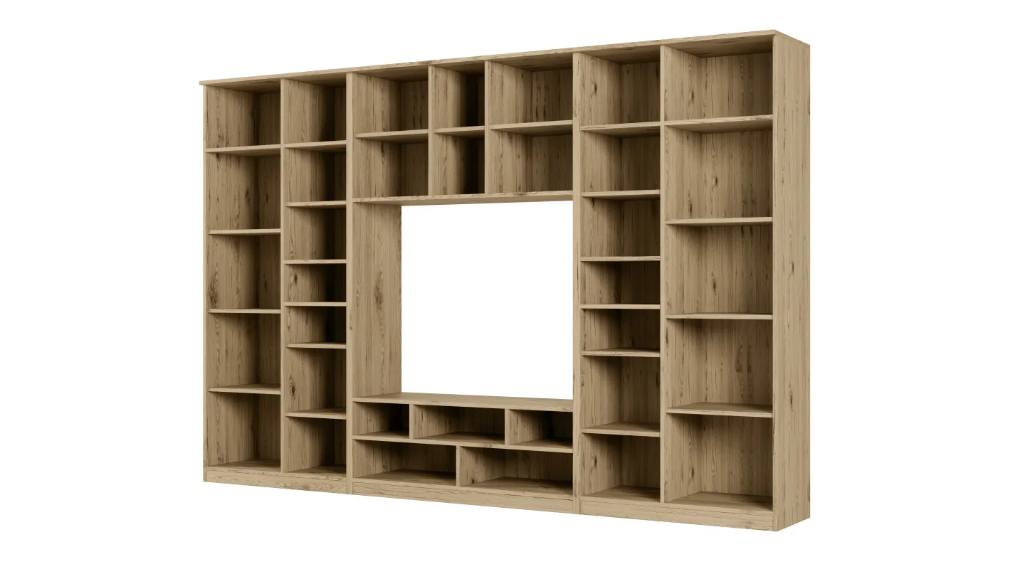 Meblościanka RTV z biblioteczką i szklaną witryną 300×200 cm Dąb Grand Naturalny – Agata Meblościanka RTV z biblioteczką i szklaną witryną 300×200 cm Dąb Grand Naturalny – Agata