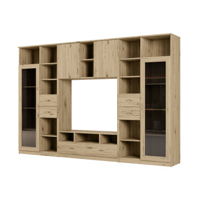 Meblościanka RTV z biblioteczką i szklaną witryną 300×200 cm Dąb Grand Naturalny – Agata