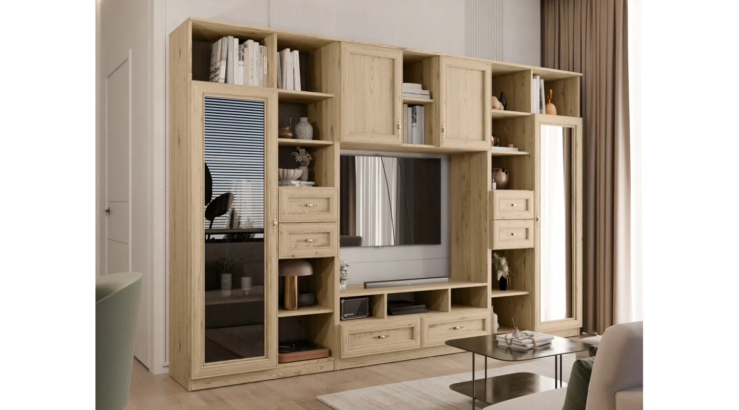Meblościanka RTV z biblioteczką i szklaną witryną 300×200 cm Dąb Grand Naturalny – Agata Meblościanka RTV z biblioteczką i szklaną witryną 300×200 cm Dąb Grand Naturalny – Agata