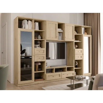 Meblościanka RTV z biblioteczką i szklaną witryną 300×200 cm Dąb Grand Naturalny – Agata
