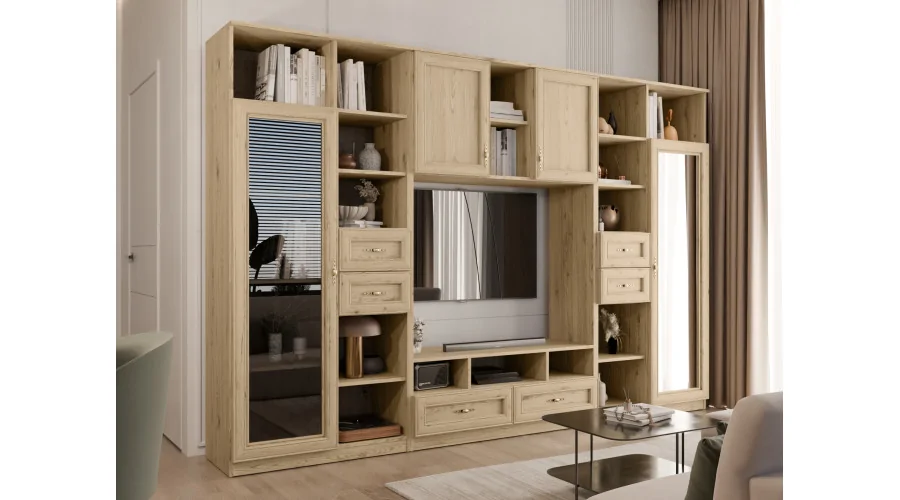 Meblościanka RTV z biblioteczką i szklaną witryną 300×200 cm Dąb Grand Naturalny – Agata Meblościanka RTV z biblioteczką i szklaną witryną 300×200 cm Dąb Grand Naturalny – Agata