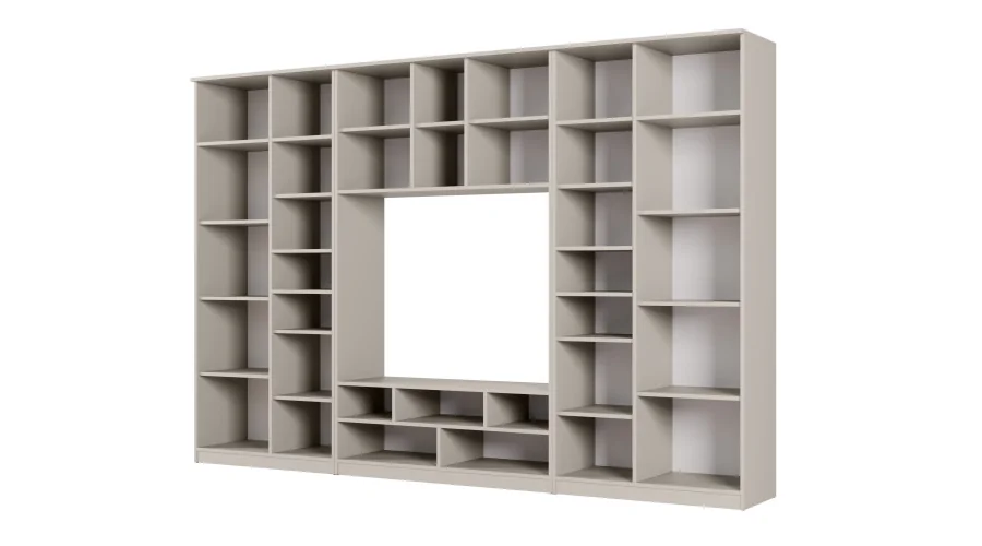 Meblościanka RTV z biblioteczką i szklaną witryną 300×200 cm Kaszmirowy Beż – Agata Meblościanka RTV z biblioteczką i szklaną witryną 300×200 cm Kaszmirowy Beż – Agata