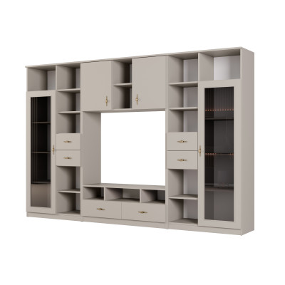 Meblościanka RTV z biblioteczką i szklaną witryną 300×200 cm Kaszmirowy Beż – Agata