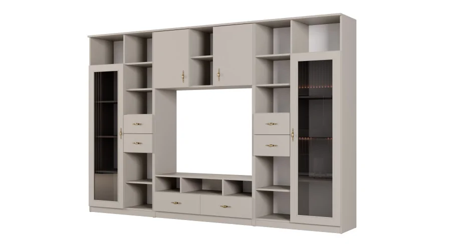 Meblościanka RTV z biblioteczką i szklaną witryną 300×200 cm Kaszmirowy Beż – Agata Meblościanka RTV z biblioteczką i szklaną witryną 300×200 cm Kaszmirowy Beż – Agata