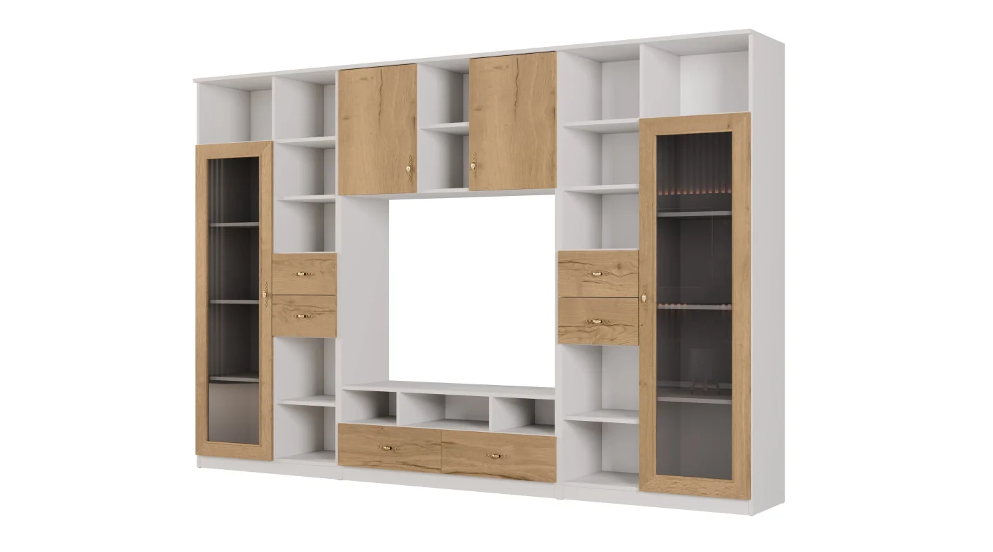 Meblościanka RTV z biblioteczką i szklaną witryną 300×200 cm Biel / Dąb Halifax Naturalny – Agata