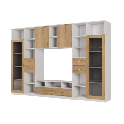 Meblościanka RTV z biblioteczką i szklaną witryną 300×200 cm Biel / Dąb Halifax Naturalny – Agata