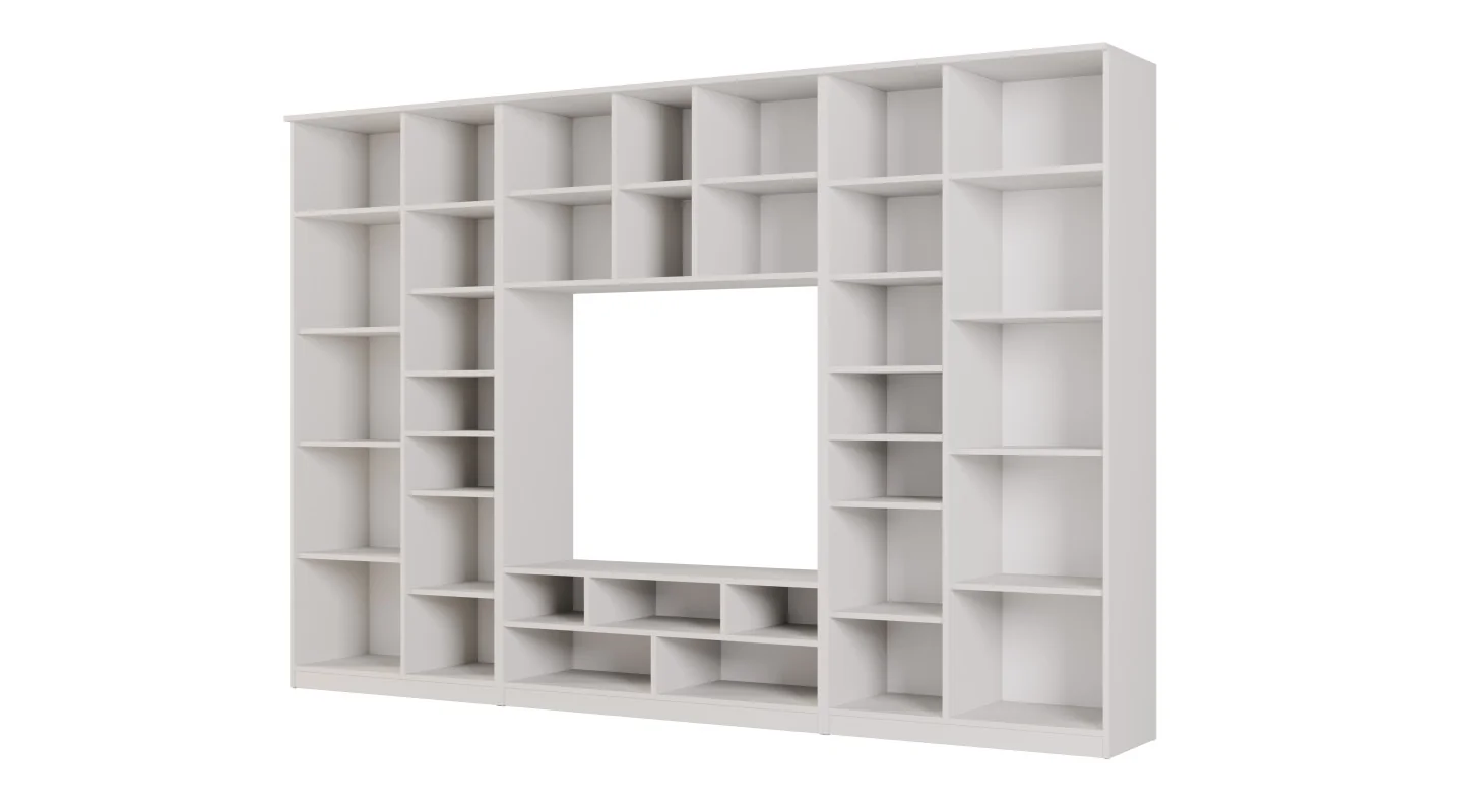 Meblościanka RTV z biblioteczką i szklaną witryną 300×200 cm Biel / Dąb Halifax Naturalny – Agata
