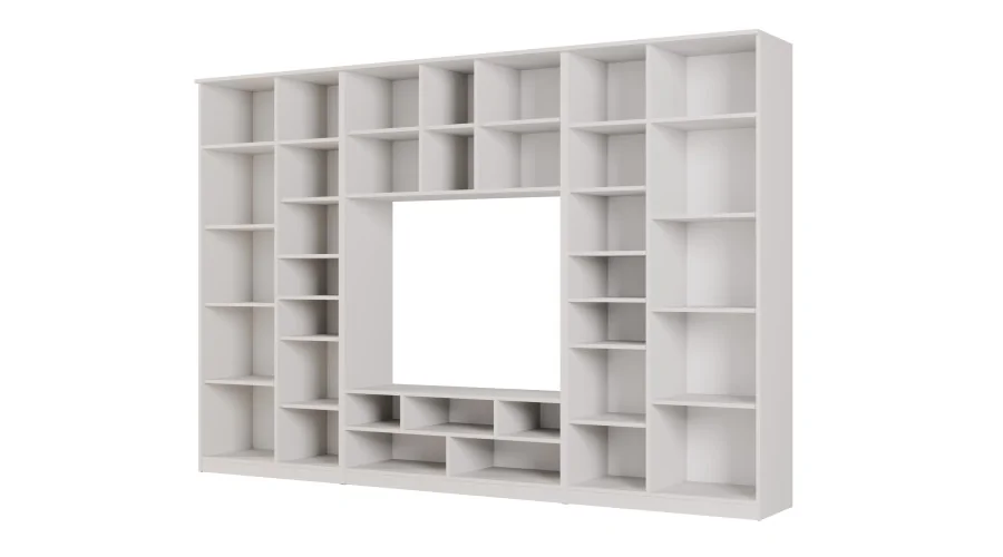 Meblościanka RTV z biblioteczką i szklaną witryną 300×200 cm Biel / Dąb Halifax Naturalny – Agata