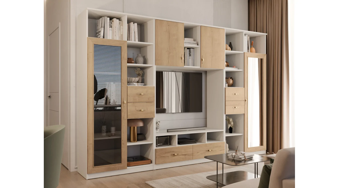 Meblościanka RTV z biblioteczką i szklaną witryną 300×200 cm Biel / Dąb Halifax Naturalny – Agata