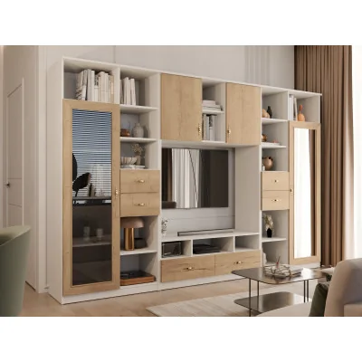 Meblościanka RTV z biblioteczką i szklaną witryną 300×200 cm Biel / Dąb Halifax Naturalny – Agata