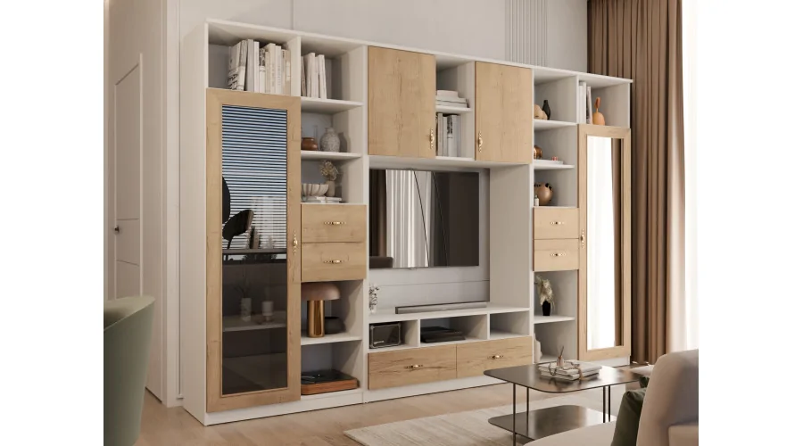 Meblościanka RTV z biblioteczką i szklaną witryną 300×200 cm Biel / Dąb Halifax Naturalny – Agata