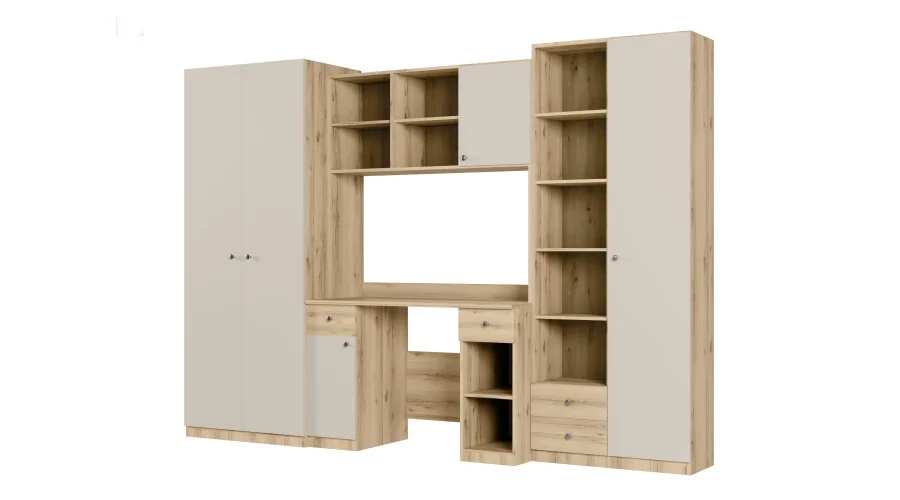 Meblościanka młodzieżowa z biurkiem, półkami i dwiema szafami 280×200 cm Dąb Grand / Kaszmirowy Beż – BRAVO Meblościanka młodzieżowa z biurkiem, półkami i dwiema szafami 280×200 cm Dąb Grand / Kaszmirowy Beż – BRAVO