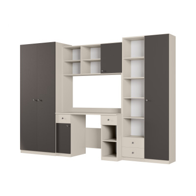 Meblościanka młodzieżowa z biurkiem, półkami i dwiema szafami 280×200 cm Kaszmirowy Beż / Szary Grafit – BRAVO