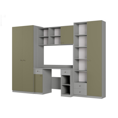 Meblościanka młodzieżowa z biurkiem, półkami i dwiema szafami 280×200 cm Szary Platynowy / Zielony Wojskowy – BRAVO