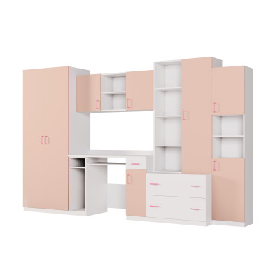 Meblościanka młodzieżowa z szafą i biurkiem 320×200 cm Biel / Różowy – NEL
