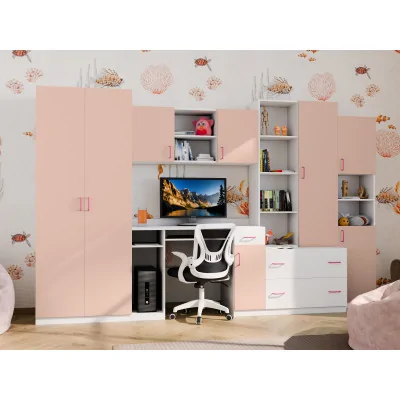 Meblościanka młodzieżowa z szafą i biurkiem 320×200 cm Biel / Różowy – NEL