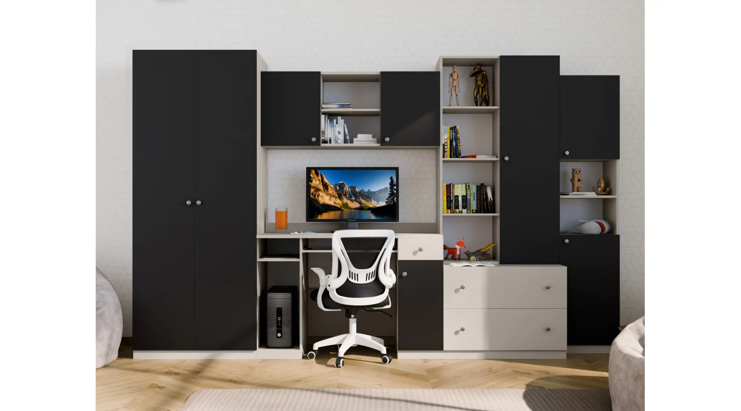 Meblościanka młodzieżowa z szafą i biurkiem 320×200 cm Kaszmirowy Beż / Czarny Onyx – NEL