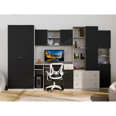 Meblościanka młodzieżowa z szafą i biurkiem 320×200 cm Kaszmirowy Beż / Czarny Onyx – NEL
