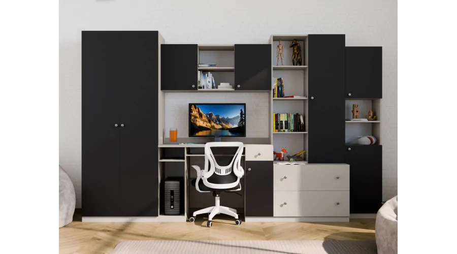 Meblościanka młodzieżowa z szafą i biurkiem 320×200 cm Kaszmirowy Beż / Czarny Onyx – NEL