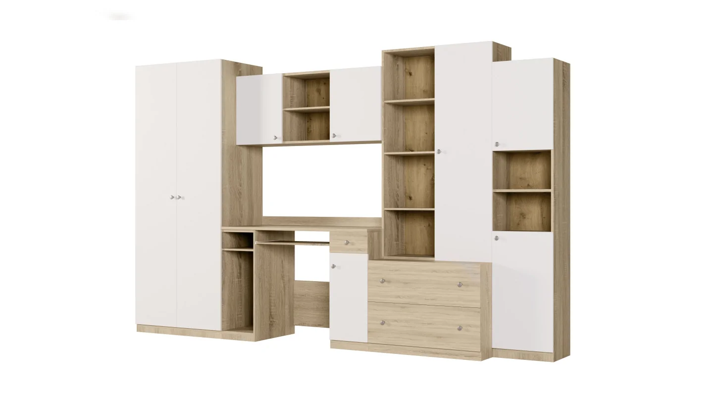 Meblościanka młodzieżowa z szafą i biurkiem 320×200 cm Sonoma Jasna / Biel – NEL Meblościanka młodzieżowa z szafą i biurkiem 320×200 cm Sonoma Jasna / Biel – NEL