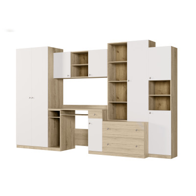 Meblościanka młodzieżowa z szafą i biurkiem 320×200 cm Sonoma Jasna / Biel – NEL