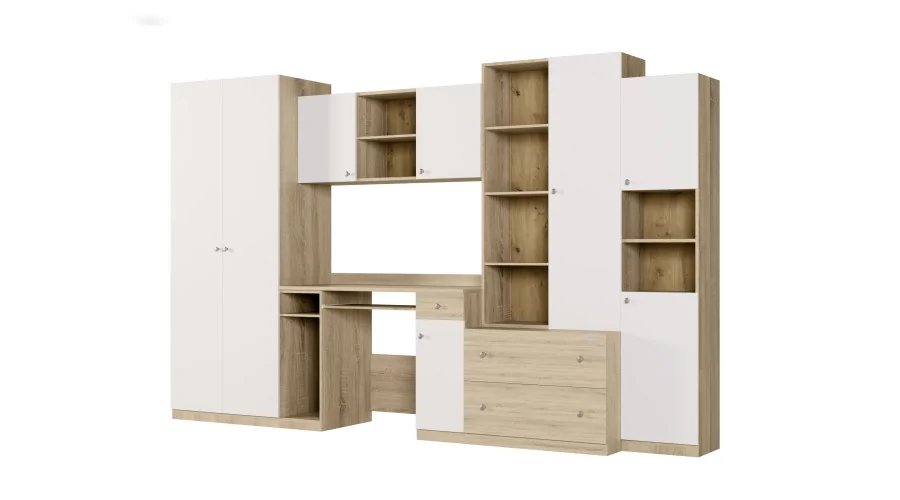 Meblościanka młodzieżowa z szafą i biurkiem 320×200 cm Sonoma Jasna / Biel – NEL Meblościanka młodzieżowa z szafą i biurkiem 320×200 cm Sonoma Jasna / Biel – NEL