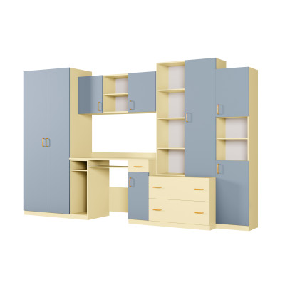 Meblościanka młodzieżowa z szafą i biurkiem 320×200 cm Wanilia / Niebieski Kredowy – NEL