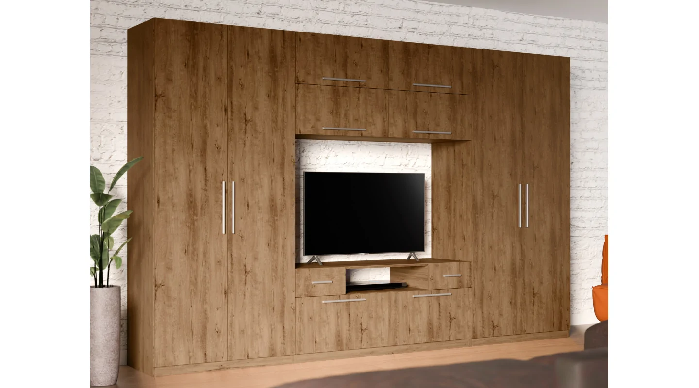 Nowoczesna meblościanka z dużymi szafami, półkami, RTV i szufladami 350×227 cm Dąb Lefkas – SCANDI