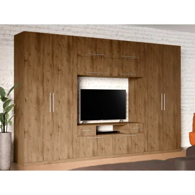 Nowoczesna meblościanka z dużymi szafami, półkami, RTV i szufladami 350×227 cm Dąb Lefkas – SCANDI