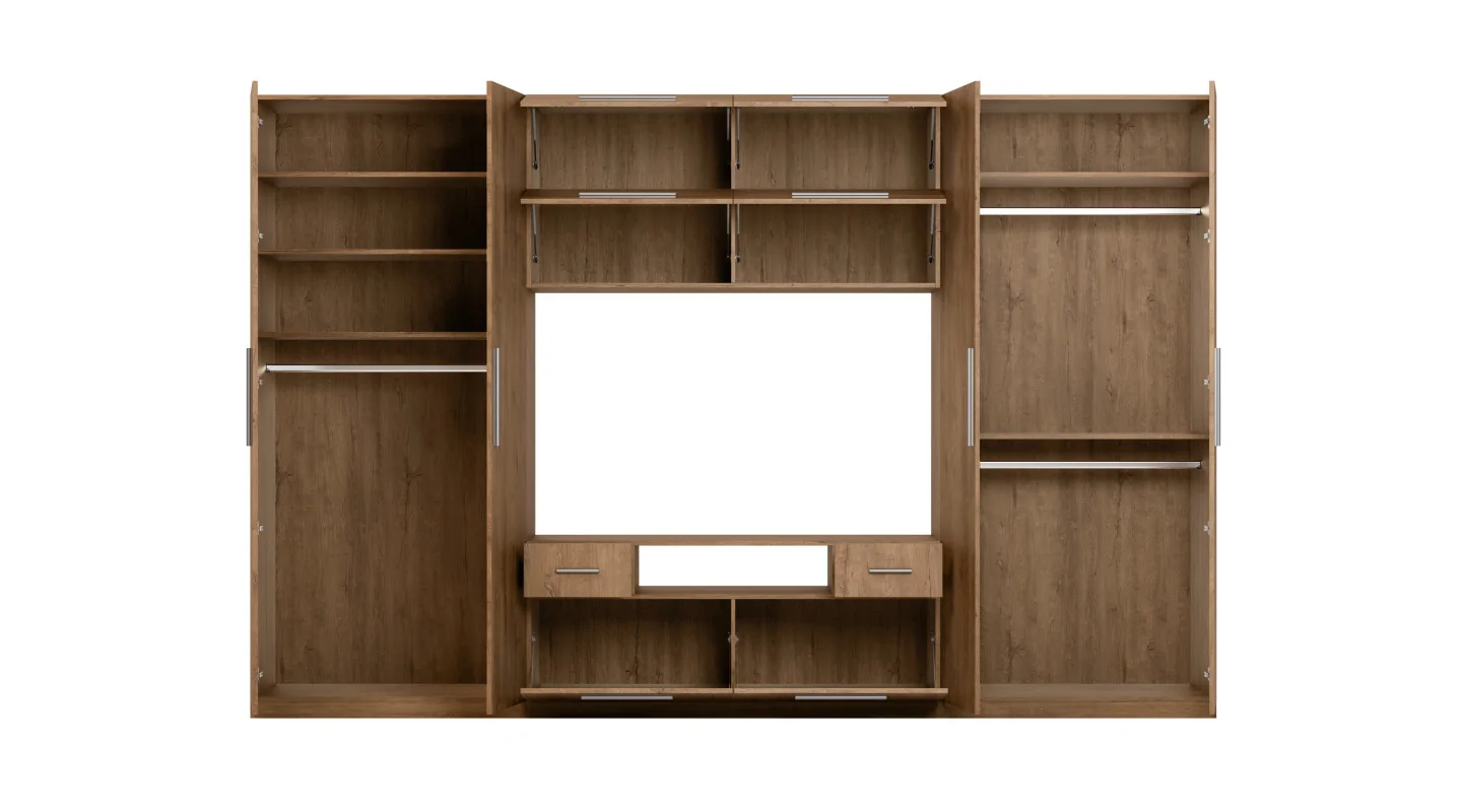 Nowoczesna meblościanka z dużymi szafami, półkami, RTV i szufladami 350×227 cm Dąb Lefkas – SCANDI