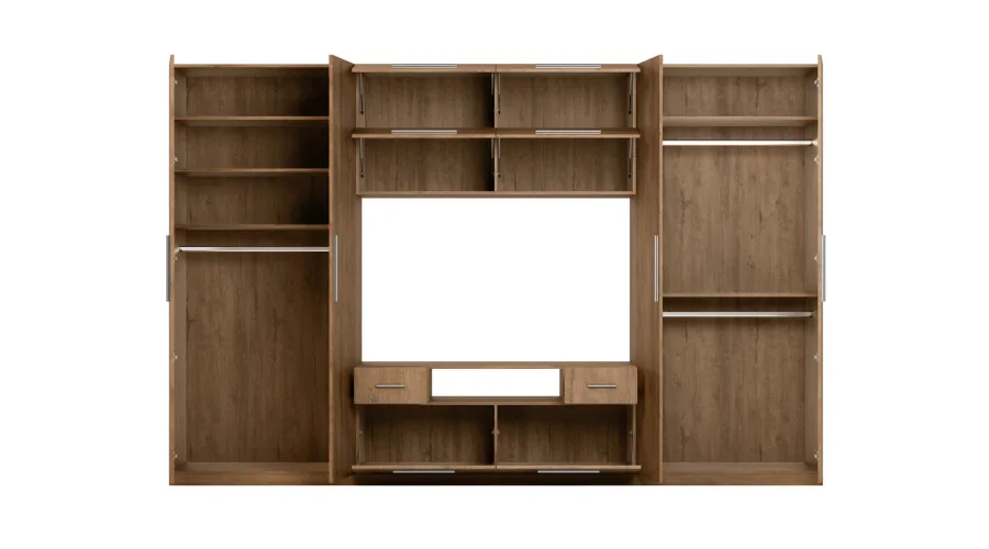 Nowoczesna meblościanka z dużymi szafami, półkami, RTV i szufladami 350×227 cm Dąb Lefkas – SCANDI